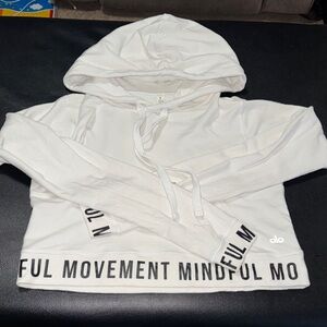 Alo Yoga Cropped White Hoodie with 'Mindful Movement' Trim